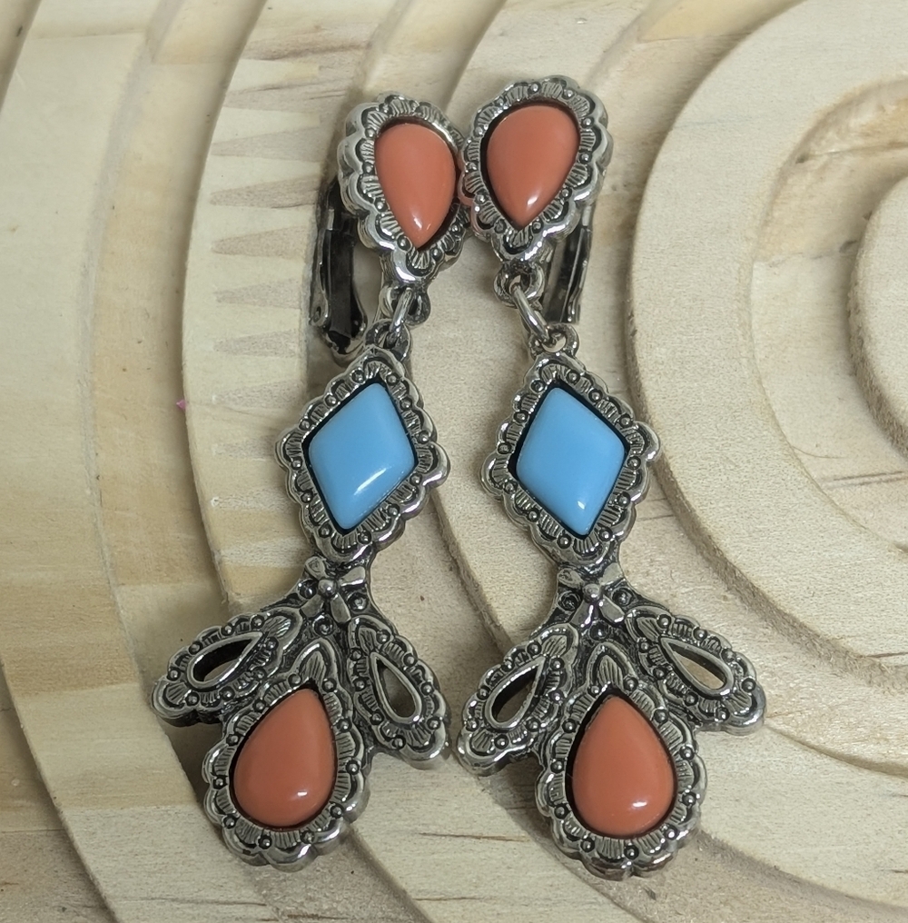Turquoise Dangle Earrings Clip On Southwestern Turquoise Coral Tone